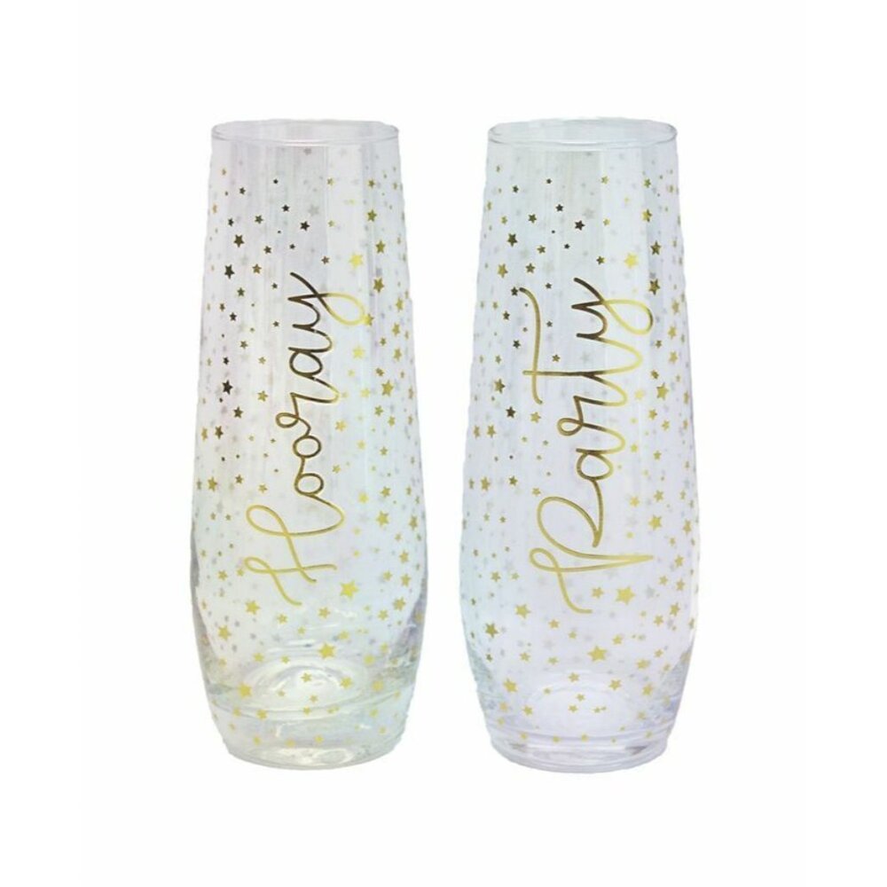 Set Of 2 Stemless Champagne Flutes "Hooray" & "Party" With Gold Stars Design